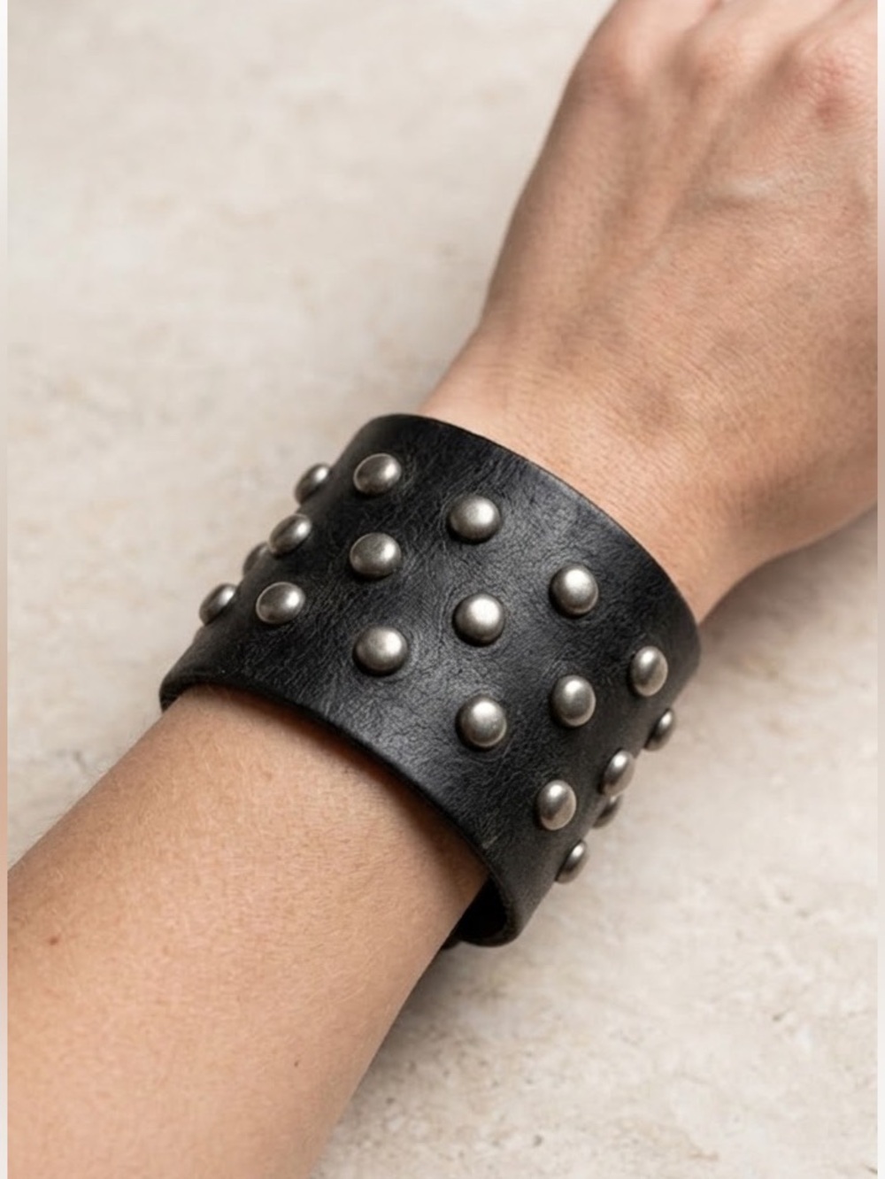 Black Studded Distressed Leather Cuff Bracelet
